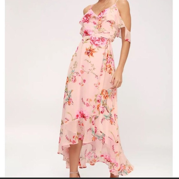 Lulus Ella blush pink floral high low midi off shoulder dress ruffle yellow blue - Picture 2 of 7